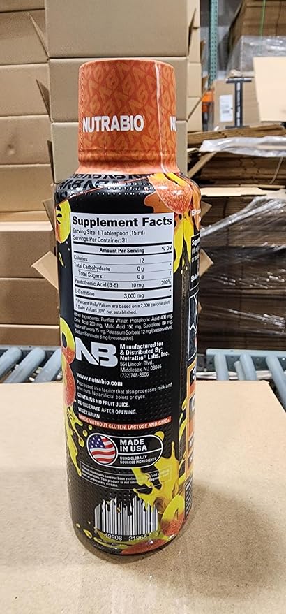 NutraBio – L-Carnitine Liquid Shots – 3000mg, (Peach Rings) – 10mg of Vitamin B-5 – Zero Carbs & Sugars – Energy Production – Muscle Recovery