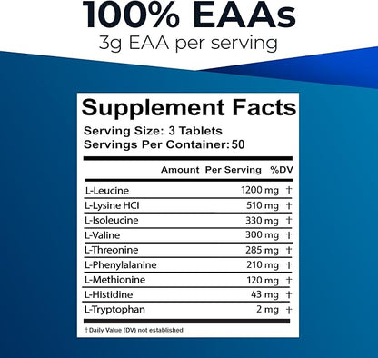 Ultimate 100% Essential Amino Acid Supplement - 150 Easy-to-Swallow, 1g Coated Tablets - All 9 EAA with 40% Leucine in Optimized BCAA Ratio - Increase Energy, Lean Muscle & Recovery - Keto & Vegan