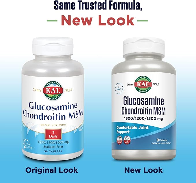 KAL Glucosamine Chondroitin MSM, Joint Support Supplement for Women and Men, 1500mg Glucosamine Sulfate, 1200mg Chondroitin, 1500mg MSM, Rapid Disintegration, 60-Day Guarantee, 30 Servings, 90 Tablets