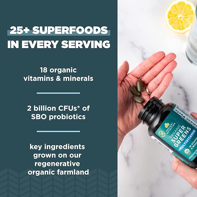 Ancient Nutrition Organic SuperGreens and Multivitamin Tablets with Probiotics, Made from Real Fruits, Vegetables and Herbs, for Digestive, Detoxification and Energy Support, 90 Count