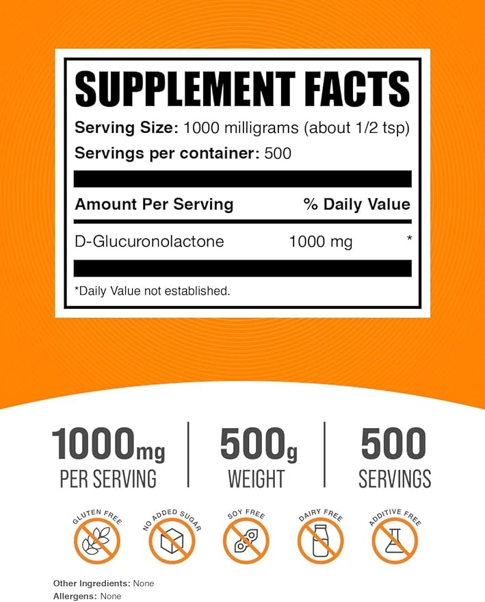BulkSupplements.com Glucuronolactone Powder - as D-Glucuronolactone, for Energy Support, Glucuronolactone Supplement - Pure & Gluten Free, 1000mg per Serving, 500g (1.1 lbs) (Pack of 1)