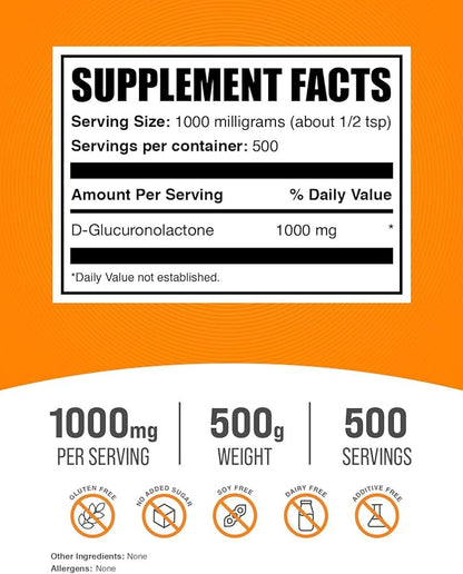 BulkSupplements.com Glucuronolactone Powder - as D-Glucuronolactone, for Energy Support, Glucuronolactone Supplement - Pure & Gluten Free, 1000mg per Serving, 500g (1.1 lbs) (Pack of 1)