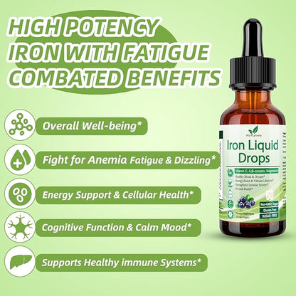 Liquid Iron Supplement for Women Men & Kids, Vegan Iron Drops with Vitamin C D, B12, B-Complex, High Potency Liquid Iron with Multivitamin for Anemia, Energy Support, Blood, Magnesium Iron Gentle