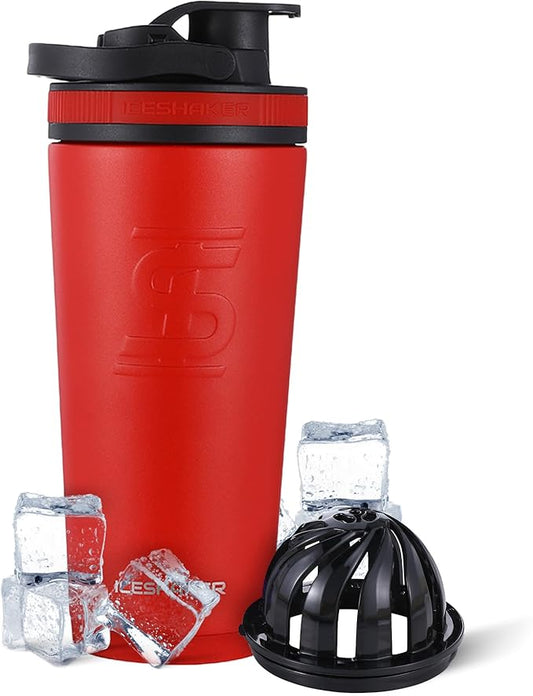 Ice Shaker Insulated Stainless Steel Shaker Bottle | 26oz, Red/Black | Cold for 30+ Hours | Insulated Cup with Twist-on Agitator | Odor-Free Shaker Cup for Protein Shakes, Water, Smoothies, Cocktails