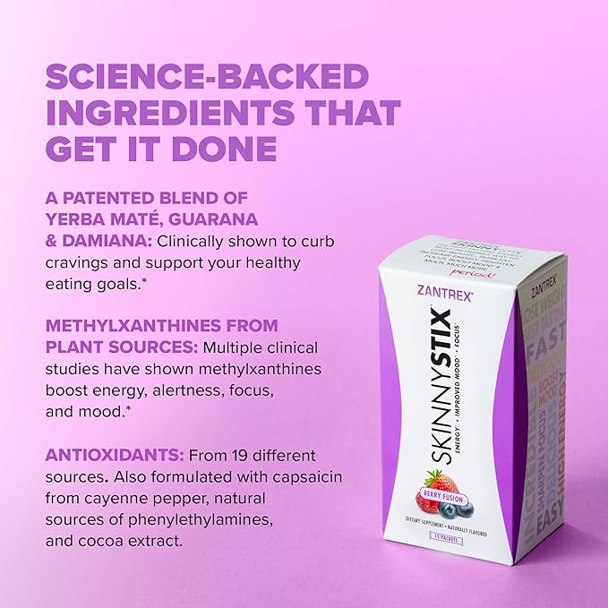 Zantrex SkinnyStix Energy Drink Mix + Antioxidants. Heightens Focus, and Offers Incredible Energy, Delicious 10-Calorie Packets – 15 Packets, Berry Fusion Flavor