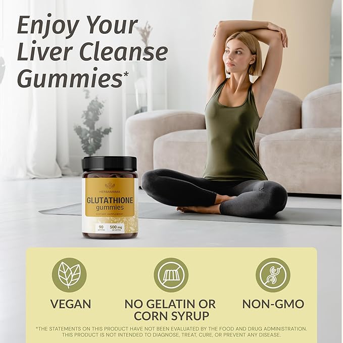 HERBAMAMA Reduced Glutathione Gummies - L-Glutathione 500 mg for Liver Detox and Cleanse - Liver Support Supplement - Vegan, Gelatin-Free, Non-GMO - 90 Mango-Flavored Antioxidant Chews.
