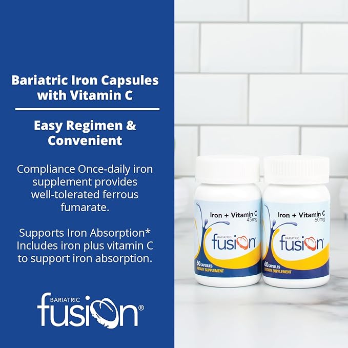 Bariatric Fusion Iron Supplement 60mg with Vitamin C | Easy to Swallow Capsule | Ferrous Fumarate Vitamins for Women and Men | Gluten, Dairy and Soy Free | Non-GMO | 60 Count