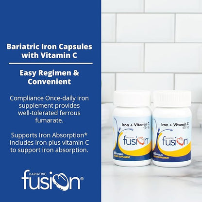 Bariatric Fusion Iron Supplement 60mg with Vitamin C | Easy to Swallow Capsule | Ferrous Fumarate Vitamins for Women and Men | Gluten, Dairy and Soy Free | Non-GMO | 60 Count