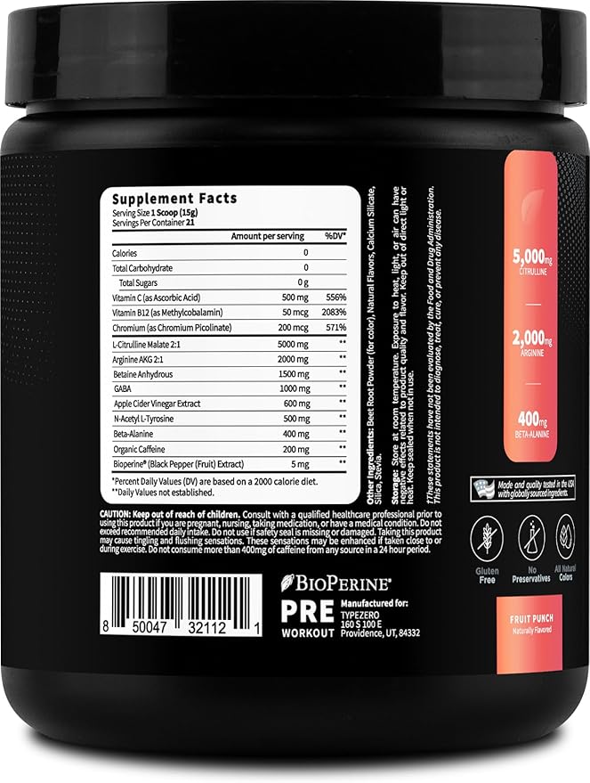 Type Zero Clean Pre Workout (11.3 oz, Fruit Punch) + Beet Root + L-Arginine + L-Citrulline, 2G Arginine, L-Citrulline Malate, Beta A, Sugar Free, Organic Caffeine Preworkout for Men & Women