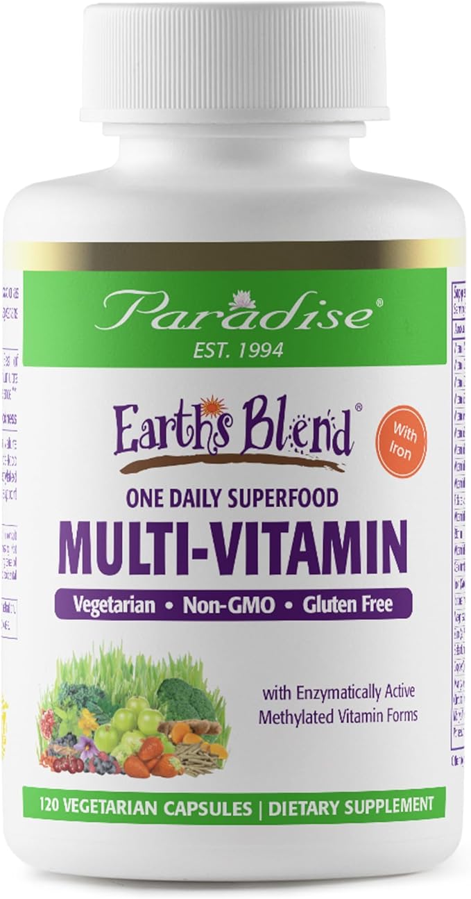 Paradise Herbs Earth's Blend Women's Once Daily Multivitamin with Iron, 48 Organic Superfoods, Probiotics, Antioxidants, Vitamins A, B12, C, D, K2, 120 Capsules