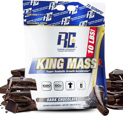 Ronnie Coleman Signature Series King Mass XL Mass Gainer Protein Powder, Muscle Gainer, 60g Protein, 180g Carbohydrates, 1,000+ Calories, Creatine and Glutamine, Dark Chocolate, 10 Pound