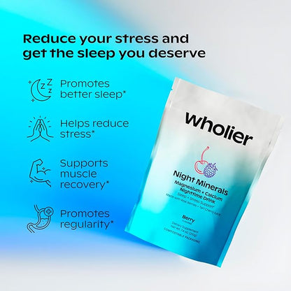 Wholier Magnesium Glycinate & Magnesium Citrate, Tart Cherry Juice, Chelated Calcium. Calming Nighttime Drink. Night Minerals.(30 Servings) Compostable Pouch