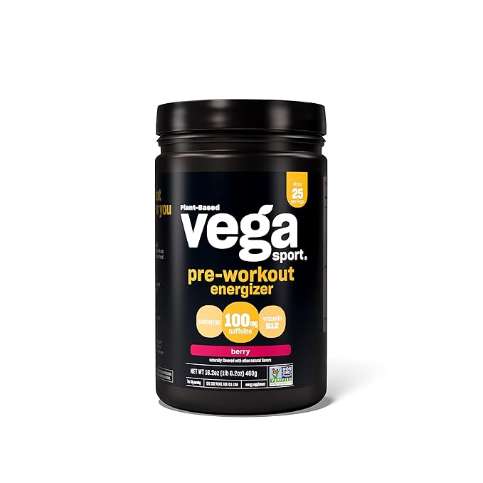 Vega Sport Pre-Workout Energizer, Berry - Pre Workout Powder for Women & Men, Supports Energy and Focus, Electrolytes, Vegan, Keto, Gluten Free, Non GMO, 1.1 lbs