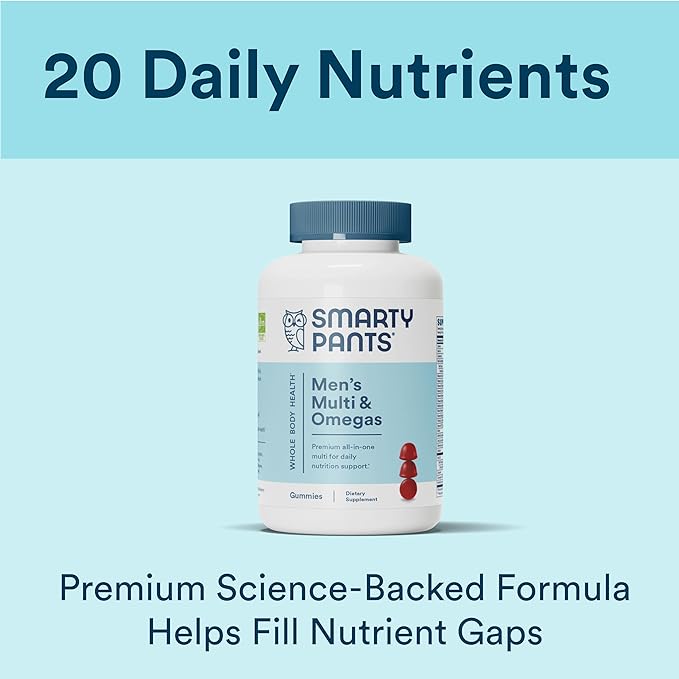 SmartyPants Multivitamin for Men, Gummies: Omega 3 Fish Oil (EPA/DHA), Methylfolate, Vitamin D3, C, Vitamin B12, B6, Vitamin A, K & Zinc for Immune Support, 120 Gummies (20 Day Supply)