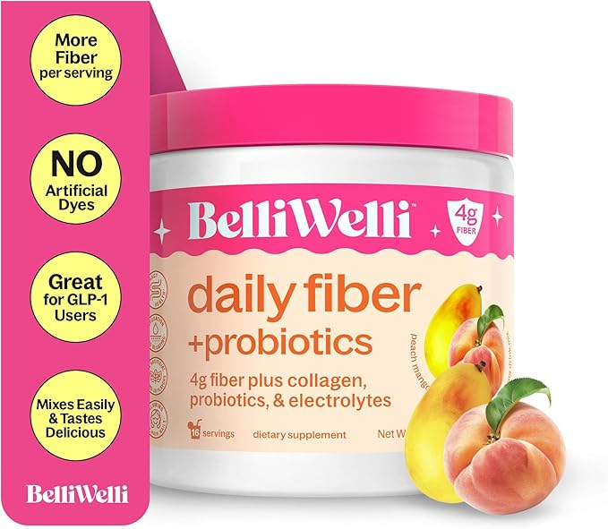 Daily Fiber Supplement Powder with Collagen, Probiotics & Electrolytes | Supports Digestive Health, Gut Balance & Debloating | Peach Mango | 16 Servings