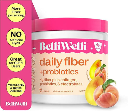 Daily Fiber Supplement Powder with Collagen, Probiotics & Electrolytes | Supports Digestive Health, Gut Balance & Debloating | Peach Mango | 16 Servings