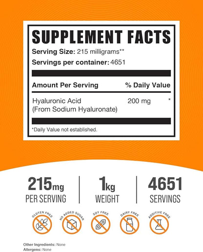 BulkSupplements.com Hyaluronic Acid Powder - Hyaluronic Acid Supplements, Hyaluronic Acid 215mg - Hyaluronic Acid Food Grade, Gluten Free - 215mg per Serving, 1kg (2.2 lbs) (Pack of 1)