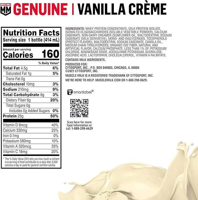 Muscle Milk Genuine Liquid Protein Shake, Vanilla Crème, 25g Protein, 14 Fl Oz Bottle, 12 Pack