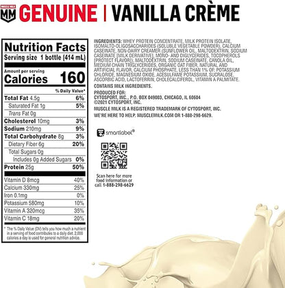 Muscle Milk Genuine Liquid Protein Shake, Vanilla Crème, 25g Protein, 14 Fl Oz Bottle, 12 Pack