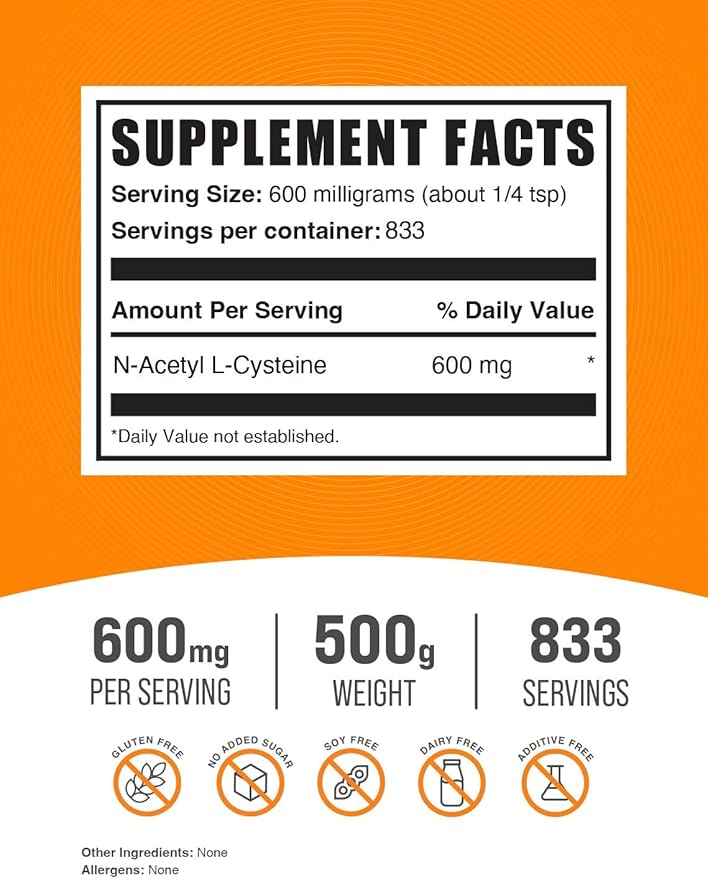 BulkSupplements.com NAC Powder - N-Acetyl Cysteine 600mg, NAC Supplement - Antioxidant Support, Gluten Free - 600mg per Serving, 833 Servings, 500g 1.1 lbs (Pack of 1)