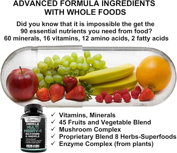 MEGAV-1 Multi-Vitamin, Superfood & Minerals - Daily Multivitamin with Probiotics, Digestive Enzyme, Mushroom Complex for Heart Health, Immune Support, Energy & Stamina - 90 Tablets