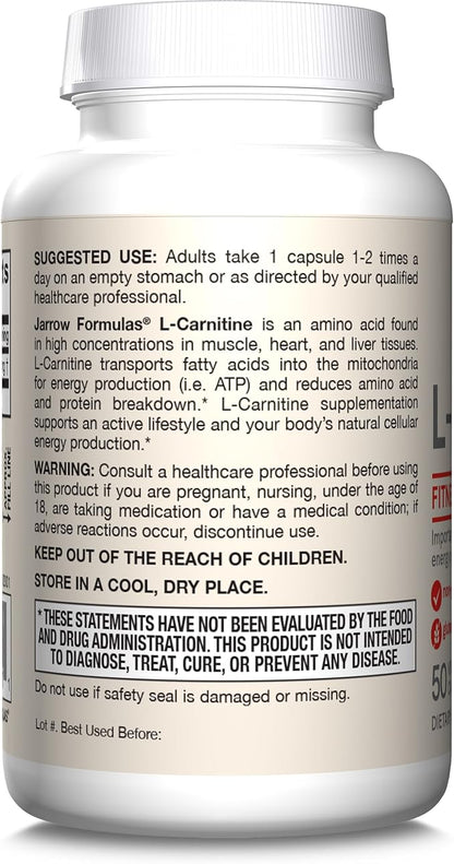 Jarrow Formulas L-Carnitine 500 mg, Dietary Supplement, Support for Cellular Energy Production, 50 Veggie Capsules, 50 Day Supply