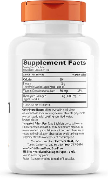 Doctor's Best Collagen Types 1 & 3 with Peptan, Non-GMO, Gluten Free, Soy Free, Supports Hair, Skin, Nails, Tendons & Bones, 1000 Mg, 540 Tablets