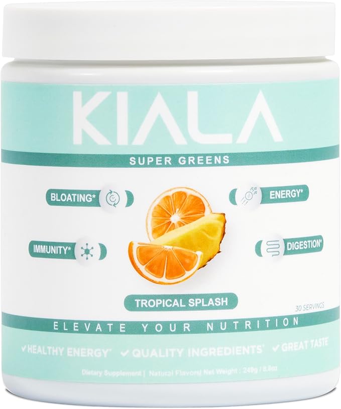 Kiala Nutrition Super Greens, Organic Greens Powder with Spirulina & Chlorella for Digestion, Gut Health, Immunity & Energy, Gluten Free, Vegan, Daily Support for Women, Tropical Splash, 30 Servings
