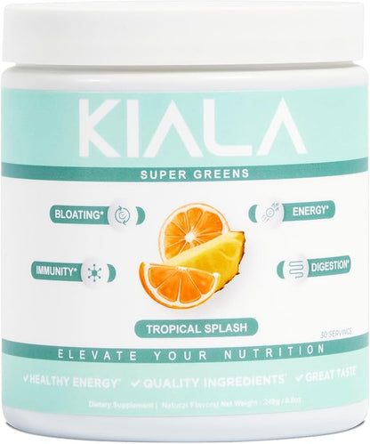 Kiala Nutrition Super Greens, Organic Greens Powder with Spirulina & Chlorella for Digestion, Gut Health, Immunity & Energy, Gluten Free, Vegan, Daily Support for Women, Tropical Splash, 30 Servings