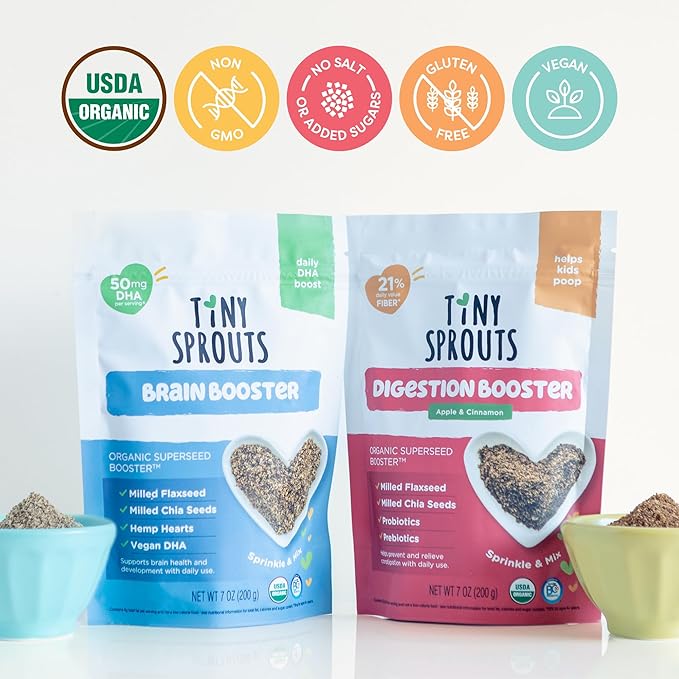 Organic Digestion Booster (Apple & Cinnamon) & Brain Booster - Milled Chia Seed, Milled Flaxseed and Hemp Hearts with Vitamin D, DHA, Probiotics for 6M+ Babies Toddlers & Kids (7oz x 2 Pack)
