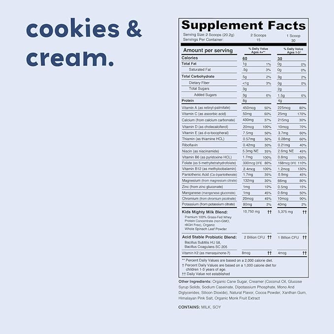 Cookies & Cream Mighty Milk - Kids All-in-One Daily Protein Powder & Multivitamin with Probiotics & Organic Spinach - Natural Flavors, Colors & Sweeteners - 15-30 Servings