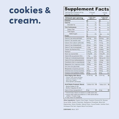 Cookies & Cream Mighty Milk - Kids All-in-One Daily Protein Powder & Multivitamin with Probiotics & Organic Spinach - Natural Flavors, Colors & Sweeteners - 15-30 Servings