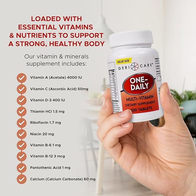 One-Daily Multi-Vitamin Tablet, 200 Count by GeriCare| Adult Multivitamin Supplement for Men & Women | Easy-to-Take Dietary Supplement with Vitamins A, C, D3, B, Calcium| Vitamin & Mineral Complex