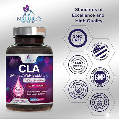 CLA Supplement, Conjugated Linoleic Acid 1560mg - Extra Strength CLA Supplement Pills - Support Body Composition, Lean Muscle Tone, & Energy - Safflower Capsules, Gluten Free, Non-GMO - 120 Softgels