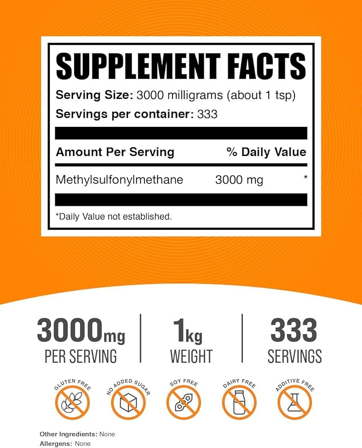BulkSupplements.com MSM Powder - Methylsulfonylmethane, MSM Supplement - MSM Pure Powder, MSM 3000mg - for Joint Health, Gluten Free, 3000mg per Serving, 1kg (2.2 lbs) (Pack of 1)