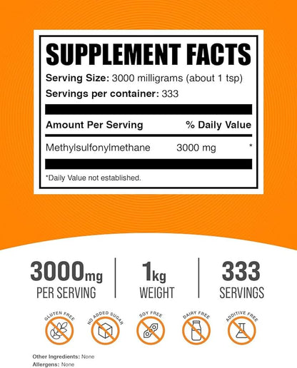 BulkSupplements.com MSM Powder - Methylsulfonylmethane, MSM Supplement - MSM Pure Powder, MSM 3000mg - for Joint Health, Gluten Free, 3000mg per Serving, 1kg (2.2 lbs) (Pack of 1)