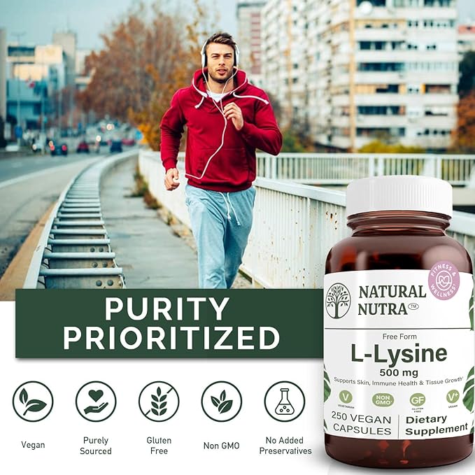 Natural Nutra L Lysine HCl, Promotes Bone Health and Growth, Improve Calcium Absorption, Non-GMO, Vegan, 500 mg, 250 Capsules.