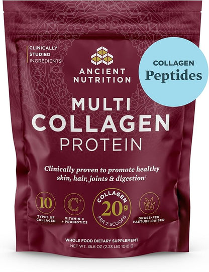 Ancient Nutrition Collagen Powder Protein with Probiotics, Unflavored Multi Collagen Protein with Vitamin C, 100 Servings, Hydrolyzed Collagen Peptides Supports Skin and Nails, Gut Health, 35.6 oz