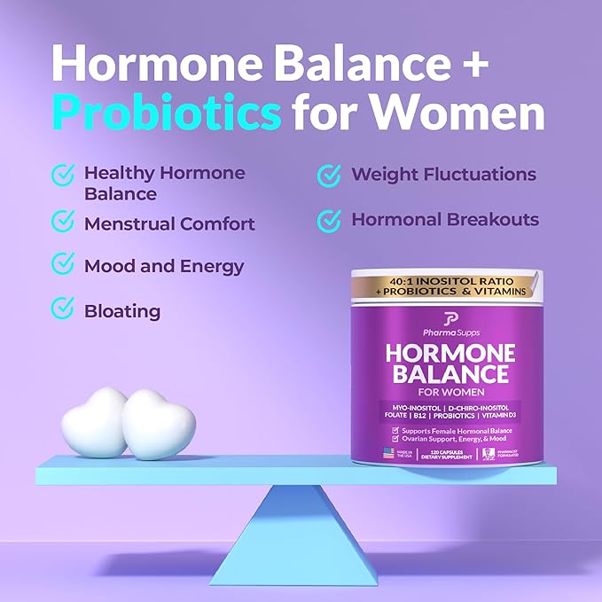 Hormone Balance for Women, Ovarian Support, Fertility, Menstrual Cycle, PCOS | Myo-Inositol & D-Chiro Inositol Supplement 40:1 Ratio w/Folic Acid for Hormonal Balance, B12 & Probiotics - 120 Count