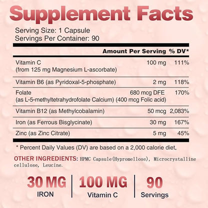 Iron Supplements for Women Men, Vegan Iron Bisglycinate 30mg Plus Vitamin C, B12, Folic Acid - Iron Pills for Anemia, Blood Builder & Energy Support - Gentle, High Absorption, Non-GMO - 90 Capsules