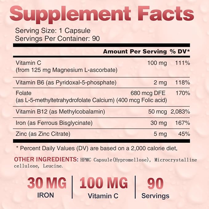 Iron Supplements for Women Men, Vegan Iron Bisglycinate 30mg Plus Vitamin C, B12, Folic Acid - Iron Pills for Anemia, Blood Builder & Energy Support - Gentle, High Absorption, Non-GMO - 90 Capsules