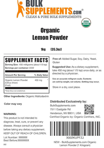 BulkSupplements.com Organic Lemon Powder - Natural Vitamin C Source, Fruit Powder, Lemon Flavoring - for Smoothies & Juice, Gluten Free - 450mg per Serving, 5kg, Pack of 5 (11 lbs)