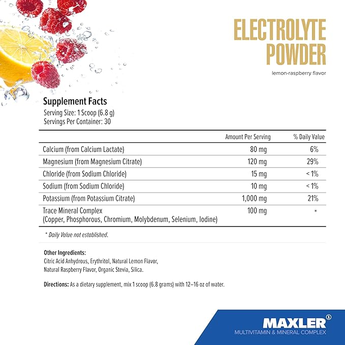 Maxler Electrolyte Powder - Hydration Packets Drink Mix with Trace Mineral Complex - Keto Electrolytes Powder Packets with Natural Flavors and Sweeteners - 15 Servings - Lemon-Raspberry
