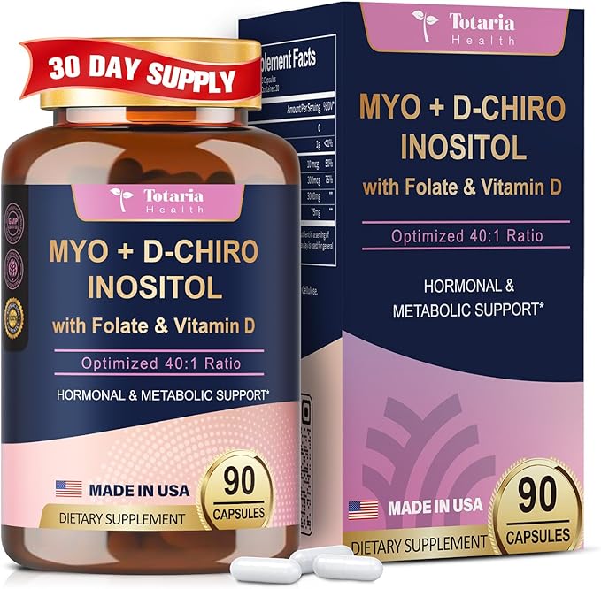 Inositol Supplement for Women with Vitamin D3, Folate, 40:1 Ratio Myo-Inositol 3000mg & D-Chiro Inositol 75mg Complex, (Vitamin B8) Inositol Capsules, 90 Capsules, 30 Servings