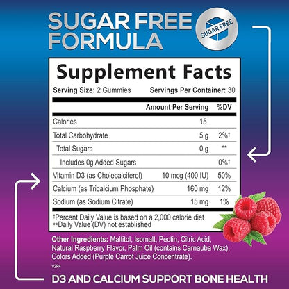 Sugar Free Calcium Gummy Bites Plus 400 IU Vitamin D3, Bone Health & Immune Support, Supports Bone Strength - Chewable Calcium Nutrition Supplement, Non-GMO, Berry Flavor Chews - 60 Gummies