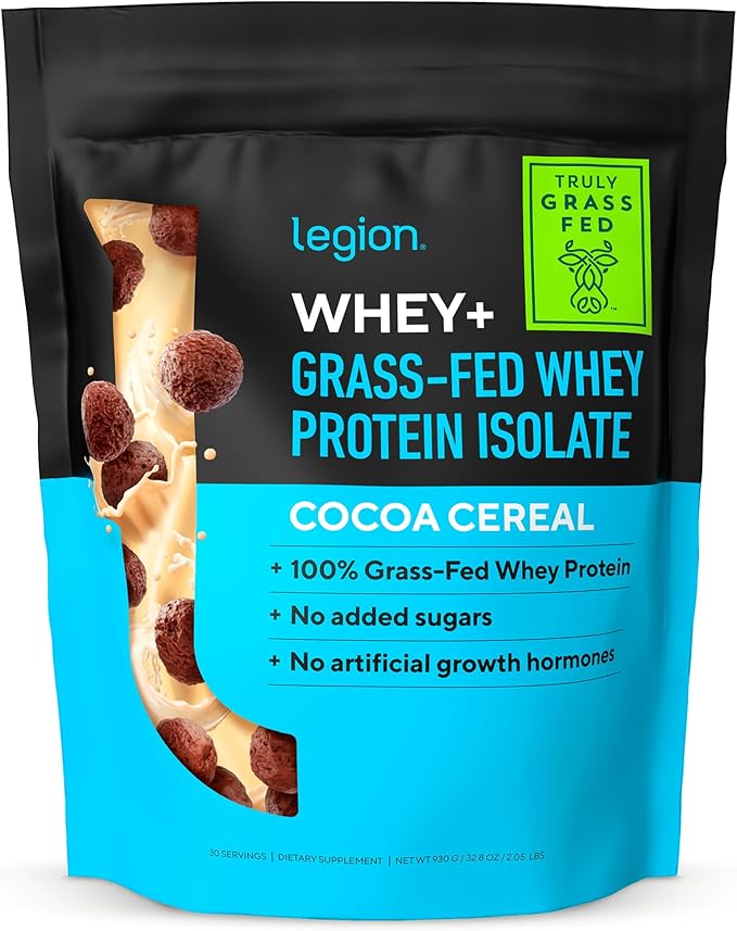 LEGION Whey+ Whey Isolate Protein Powder from Grass Fed Cows - Low Carb, Low Calorie, Non-GMO, Lactose Free, Gluten Free, Sugar Free, All Natural Whey Protein Isolate 30 Serving (Cocoa Cereal)