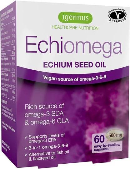 Echiomega Vegan Triple Omega 3 6 9 500 mg, Echium Seed Oil, EFA Supplement for Women with GLA, 60 Softgels