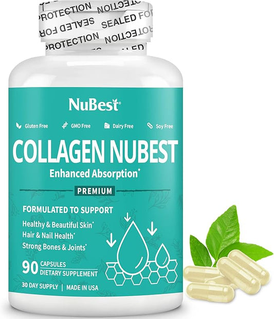 NuBest Collagen Super Collagen Peptides - Revitalizes Skin, Hair & Nails - Bone & Joint Strength - Beauty Collagen Formula for Men & Women - 1,500 mg Per Serving - 90 Capsules | 1 Month Supply