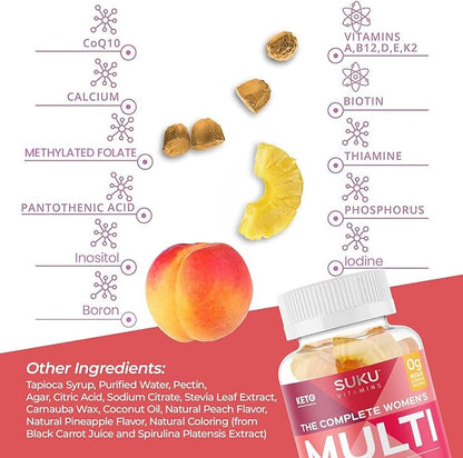 Complete Women's Multi - with Boron, Vitamin K2, B12, A and More for Women Health - Easy to Chew - Non GMO, Gluten Sugar Free - Pineapple & Peach Flavored Gummy Vitamins, 60 Count