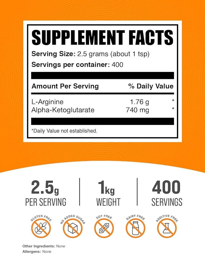 BulkSupplements.com AAKG Powder - Arginine Alpha-Ketoglutarate, AKG Supplement - Arginine Supplement, Unflavored & Gluten Free, 2500mg per Serving, 1kg (2.2 lbs) (Pack of 1)